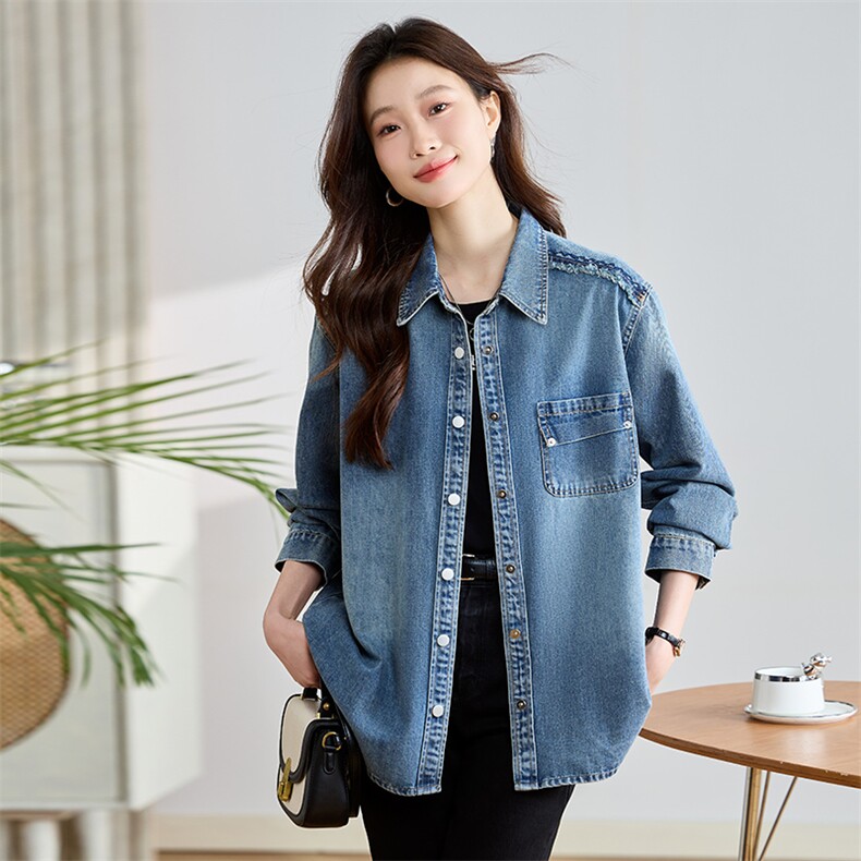 牛仔衬衫女春秋季2025新款高级感女士叠穿内搭上衣早春薄款外套,女装短外套,丽影随形