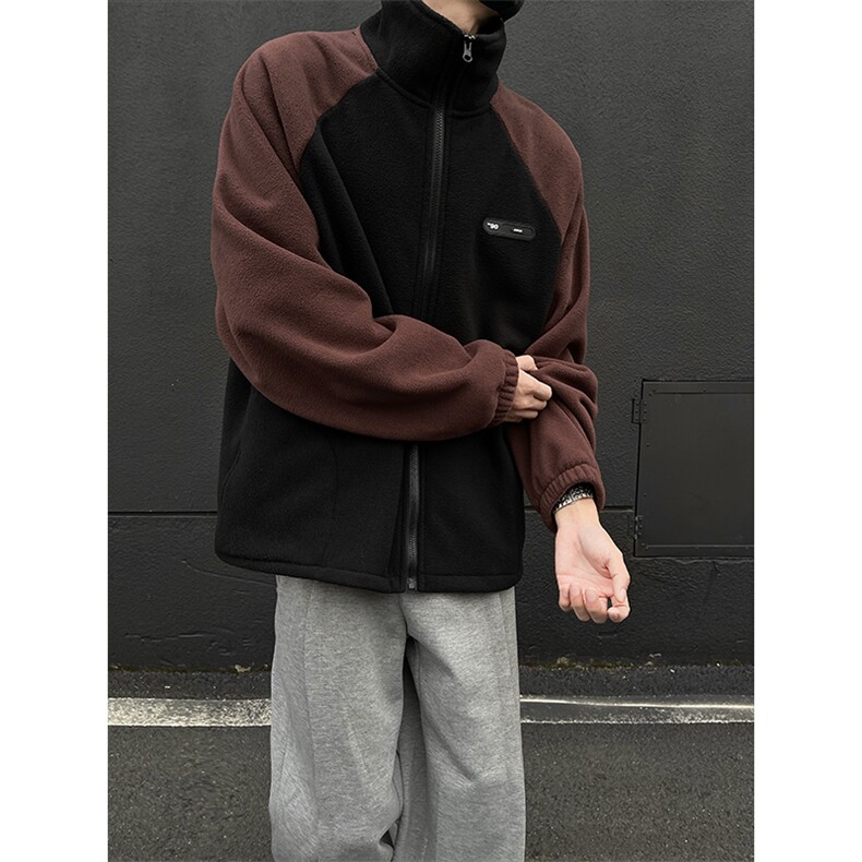 现货KS1109-P50摇粒绒开衫痞帅撞色拼接大码卫衣开衫外套,女装短外套,电商A059