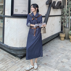 高级感复古美式牛仔长袖连衣裙女春秋2025年超火好看气质收腰长裙，女装连衣裙，2C098