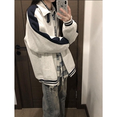 林弯弯美式条纹拼接运动开衫男女春季立领撞色插肩袖情侣夹克外套，男装夹克，星座506A