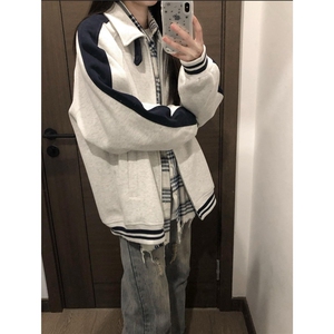 林弯弯美式条纹拼接运动开衫男女春季立领撞色插肩袖情侣夹克外套图片