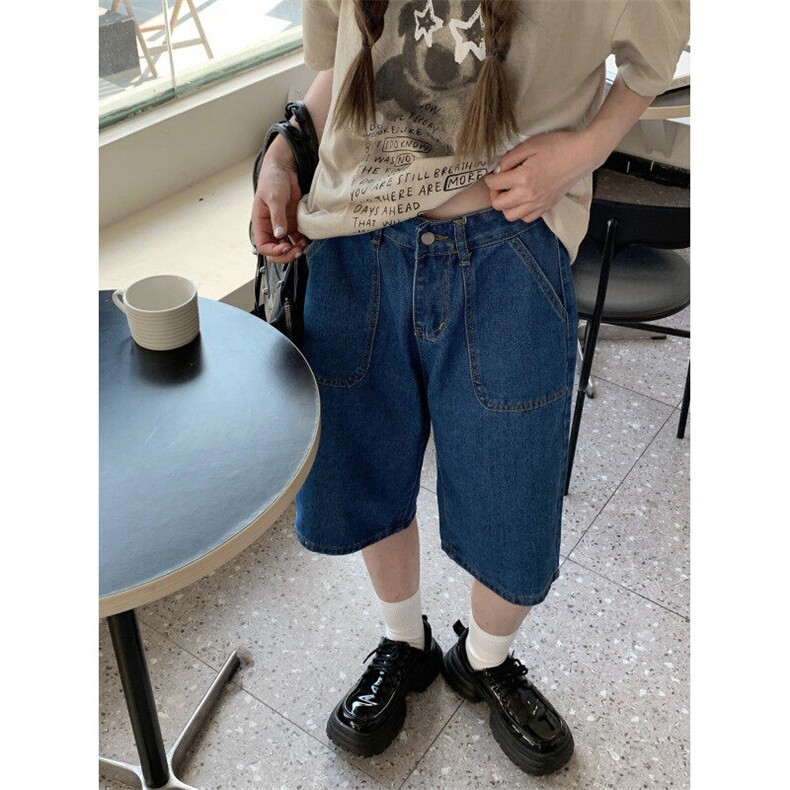 7140-P30夏季纯色大口袋宽松显瘦直筒阔腿裤五分牛仔短裤女,男装牛仔裤,电商A306A