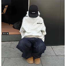 抖音得物美式全棉拼接织带撞色宽松潮连帽印花卫衣外套A1801，女装短外套，电商A443