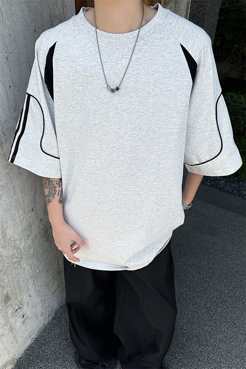 8XL-M美式小众高级感拼接短袖T恤男夏简约百搭宽松纯棉上衣DX336,男装T恤,电商D206-1