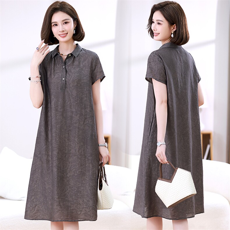 气质翻领印花连衣裙女夏季2024新款中年妈妈宽松气质休闲直筒裙子，女装连衣裙，江忆布依