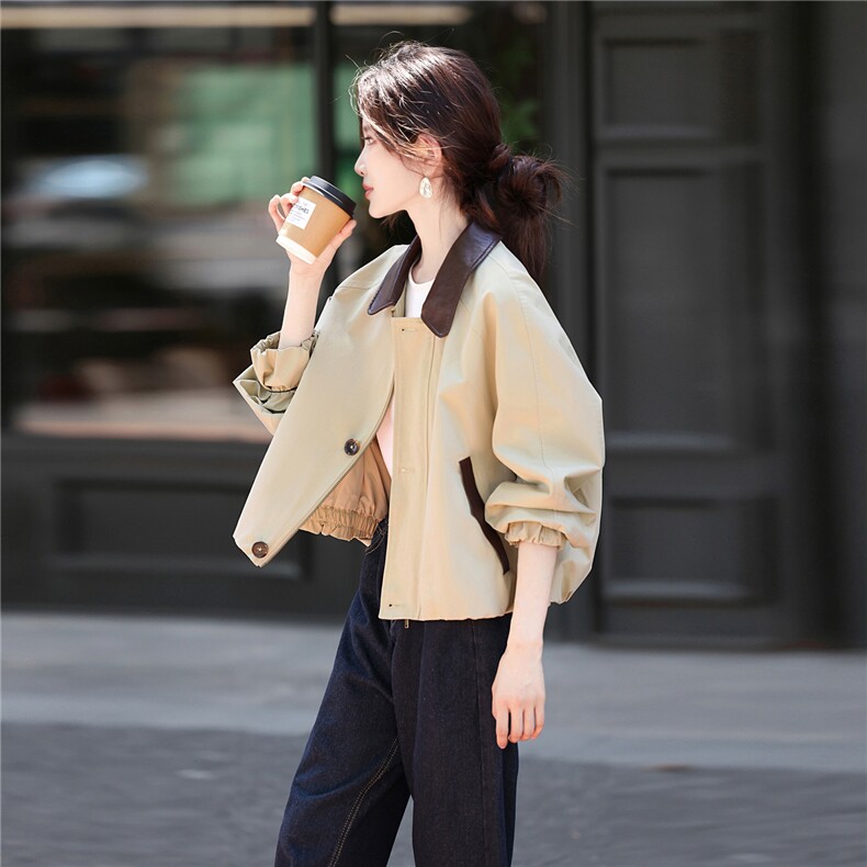 撞色短款风衣外套女2025年秋季新款韩版休闲长袖宽松风衣外套，女装风衣，鑫源服饰