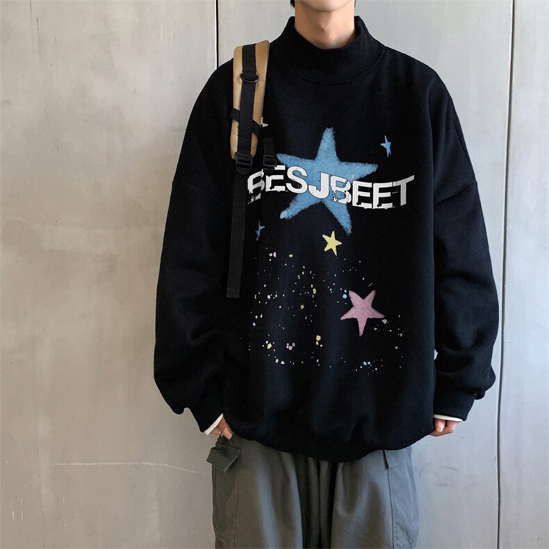 加绒加厚高领卫衣星星印花落肩袖情侣款打底衫男XZ514-2-G88-P48,男装T恤,星座514-2(原B239)