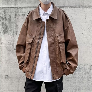 美式复古机车棕色皮衣外套男潮飞行员棒球服夹克骑行服PY120 P75图片