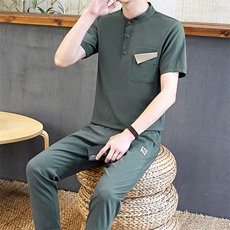 夏季中国风亚麻套装男装大码短袖t恤复古风唐装一套衣服TZ65-P45，男装T恤，星座509