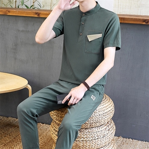 夏季中国风亚麻套装男装大码短袖t恤复古风唐装一套衣服TZ65-P45图片