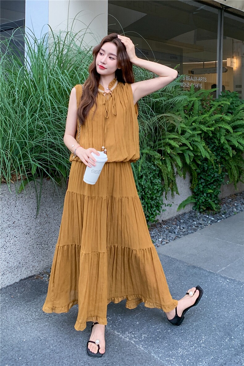 黄色无袖上衣半身裙套装女夏2025新款法式减龄气质长裙两件套爆款,女装套装/套裙,秋水欣儿