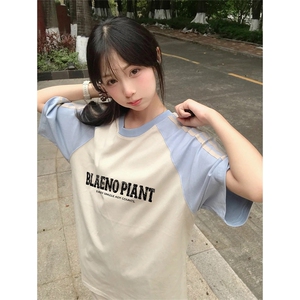 抖音得物品质二开240克宽松纯棉美式潮牌插肩三杠织带短袖T恤图片
