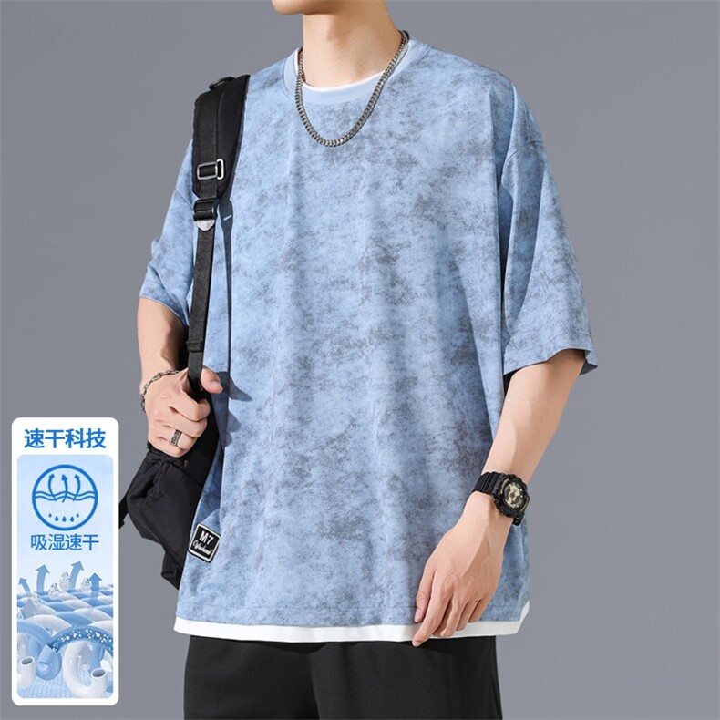 2025夏季新款无影墙大码假两件冰丝短袖M-5XHT25576-特P25,男装T恤,电商A022