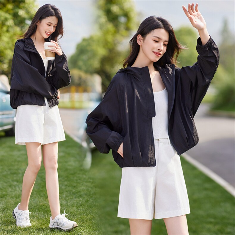 黑色短款防晒衣女夏季2025新款轻薄透气防紫外线防晒服蝙蝠衫外套，女装防晒衣，梦懿尔