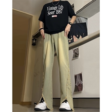 现货24春夏黄泥开叉毛边宽松牛仔裤设计感微喇休闲裤男K5803-P55，男装牛仔裤，星座205