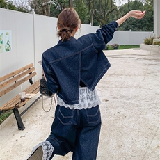 后面开叉上衣+花边阔腿牛仔裤两件套2C050-1231-P195-K288，女装套装/套裙，2C050
