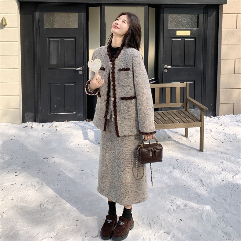 小香风拼接毛呢外套半身裙两件套女秋冬2025新款韩系chic气质套装,女装套装/套裙,2C032