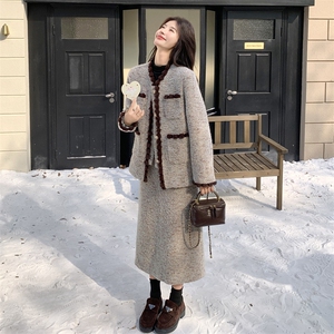 小香风拼接毛呢外套半身裙两件套女秋冬2025新款韩系chic气质套装图片