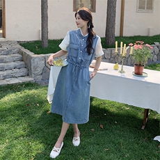 时尚显瘦夏季牛仔连衣裙中长款女清新减龄无袖刺绣设计百搭休闲风，女装连衣裙，秋水欣儿