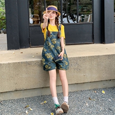 小众设计感复古鬼马少女印花牛仔背带裤纯色T恤遮肉2025夏季套装，女装套装/套裙，2B237