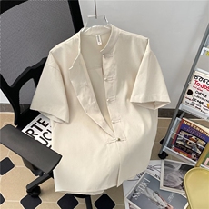 夏季风衬衫套装男新中式复古立领短袖盘扣唐装禅意一套中山装，男装T恤，星座1013