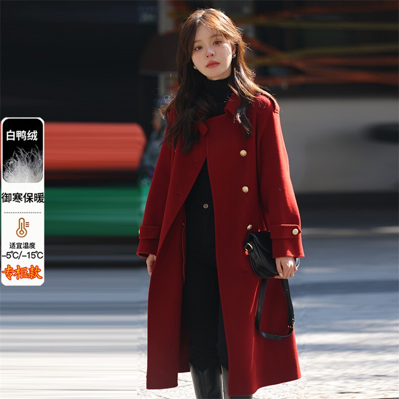 红色喜庆毛呢大衣女中长款2025新款厚内胆加羽绒服呢子外套秋冬季,女装羽绒服,纪茹