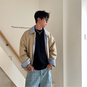 【有货】DJK9223-特批68假两件外套男新款潮牌格子拼接褂子男图片