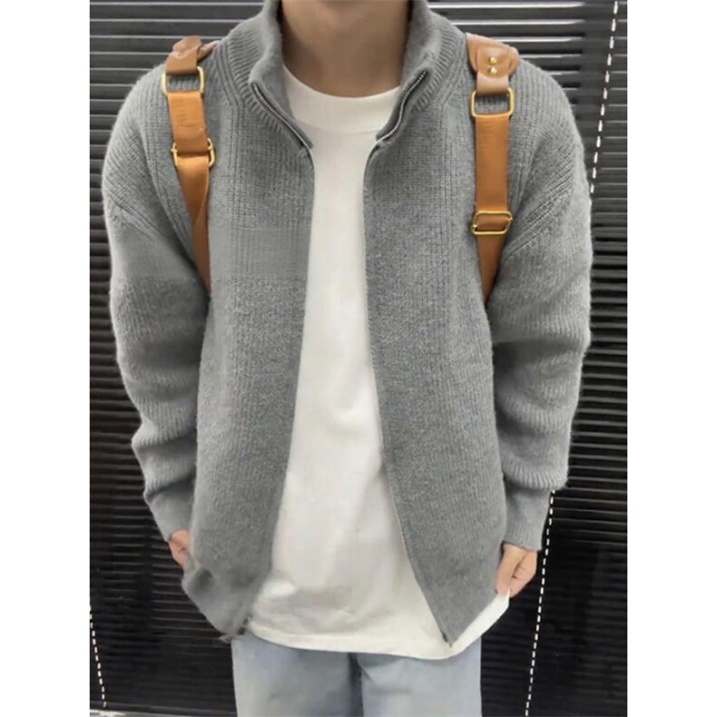重磅秋冬北极绒双拉链毛衣开衫美式复古休闲慵懒风宽松针织衫外套，男装针织衫/毛衣，电商A486