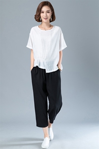2025夏季新款中年妈妈小个子棉麻套装宽松休闲薄款洋气减龄两件套图片