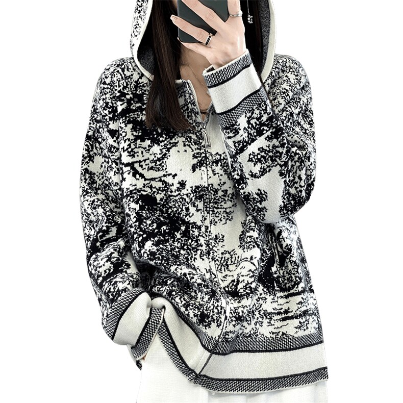 重工100羊绒水墨画连帽拉链开衫女提花加厚宽松慵懒羊毛针织外套,女装羊毛衫,优麦羊绒（原洪叶羊绒）