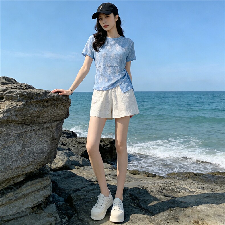 女夏新款时尚减龄套装圆领侧绑带晕染设计短袖上衣蕾丝短裤两件套,女装套装/套裙,江南