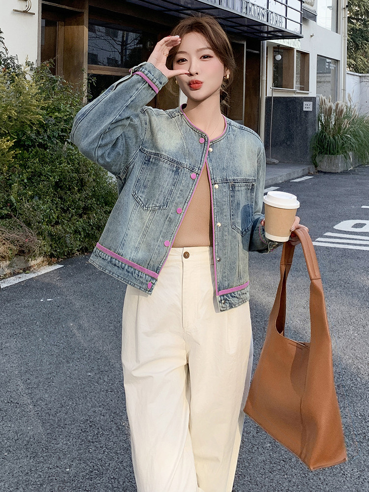 韩版休闲圆领撞色牛仔外套女2025早春新款小个子减龄宽松夹克上衣,女装牛仔外套,蝶眷