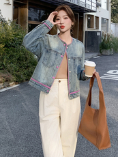 韩版休闲圆领撞色牛仔外套女2025早春新款小个子减龄宽松夹克上衣，女装牛仔外套，蝶眷