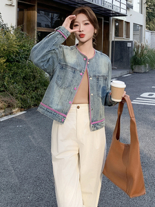 韩版休闲圆领撞色牛仔外套女2025早春新款小个子减龄宽松夹克上衣图片