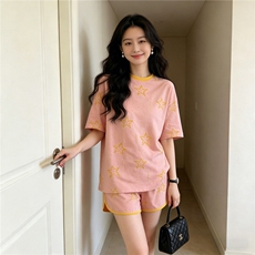 潮流时尚休闲运动套装女夏季新款印花圆领短袖上衣阔腿短裤两件套，女装套装/套裙，江南