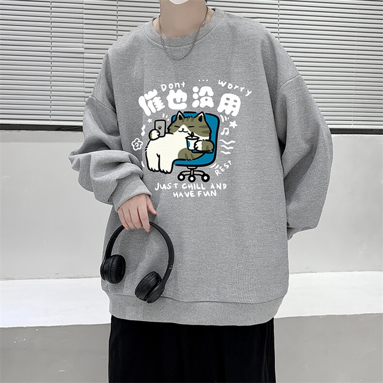 5XL华夫格卫衣男大码胖子圆领长袖t恤HW76403-P30加绒款-P40,男装卫衣,电商A040