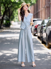 高端亚麻无袖休闲套装女2025夏季爆款小香风气质显瘦阔腿裤两件套，女装套装/套裙，E百度