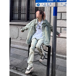 美式高街vibe牛仔外套男女春秋复古拉链小众夹克XJK8887图片