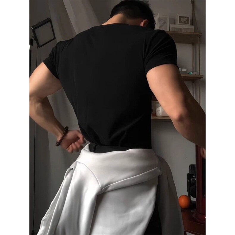 伏黑甚尔收袖口修身短袖T恤男性张力穿搭健身小领口显肌肉半袖夏,男装T恤,电商A486-1