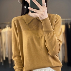 时尚减龄POLO领长袖纯色上衣女法式钉珠翻领套头打底针织衫毛衣潮，女装羊毛衫，宛庄羊绒