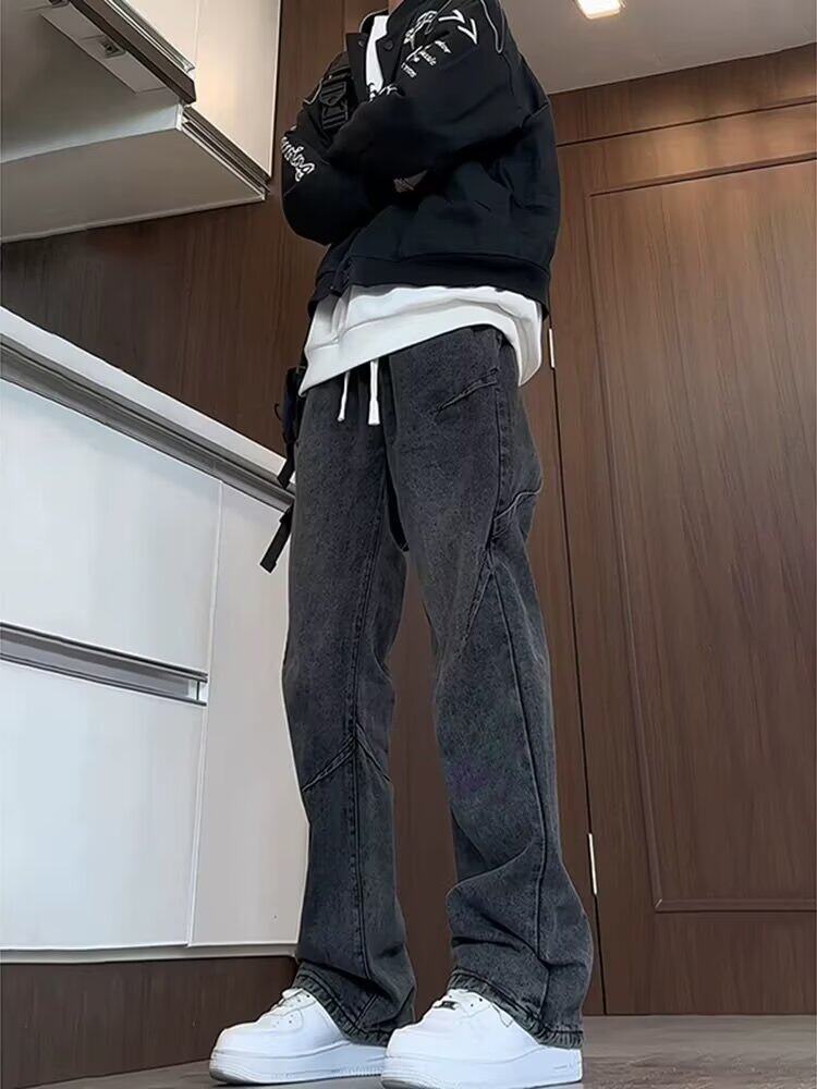 黑灰色褶皱牛仔裤男春秋季美式复古潮牌阔腿工装裤大码宽松直筒裤,男装牛仔裤,星座513