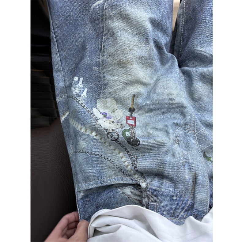 现货七分裤夏季新款2025满印挂饰直筒中裤潮5086-P55,男装牛仔裤,星座910-5