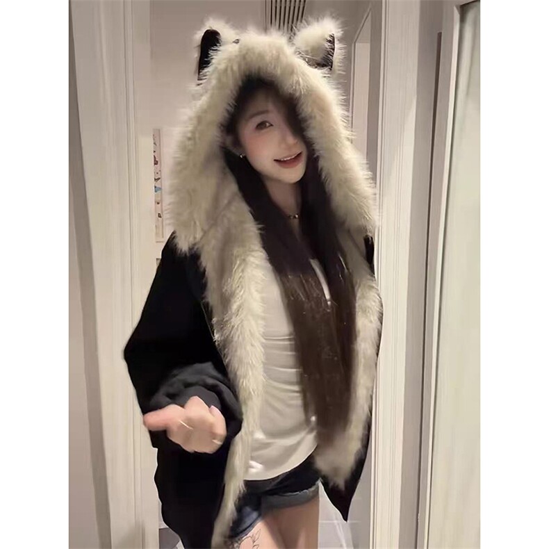 网图座山雕鹿皮绒秋冬连帽猫耳朵男女情侣装棉服外套-A2350P80,男装棉衣,电商B241