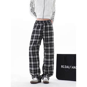 1506/QF080/P39美式黑白格子直筒新款宽松垂感抽绳阔腿长裤,男装休闲裤,星座1506