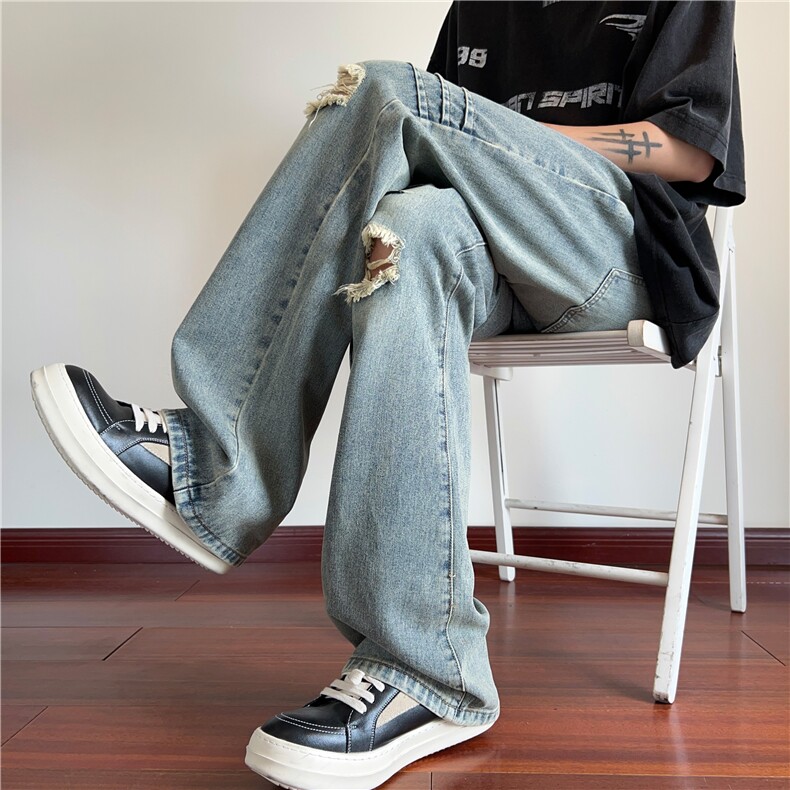 抖音品质美式高街磨毛破洞微喇拖地牛仔裤B315-K24191-p60控78,男装牛仔裤,电商B315