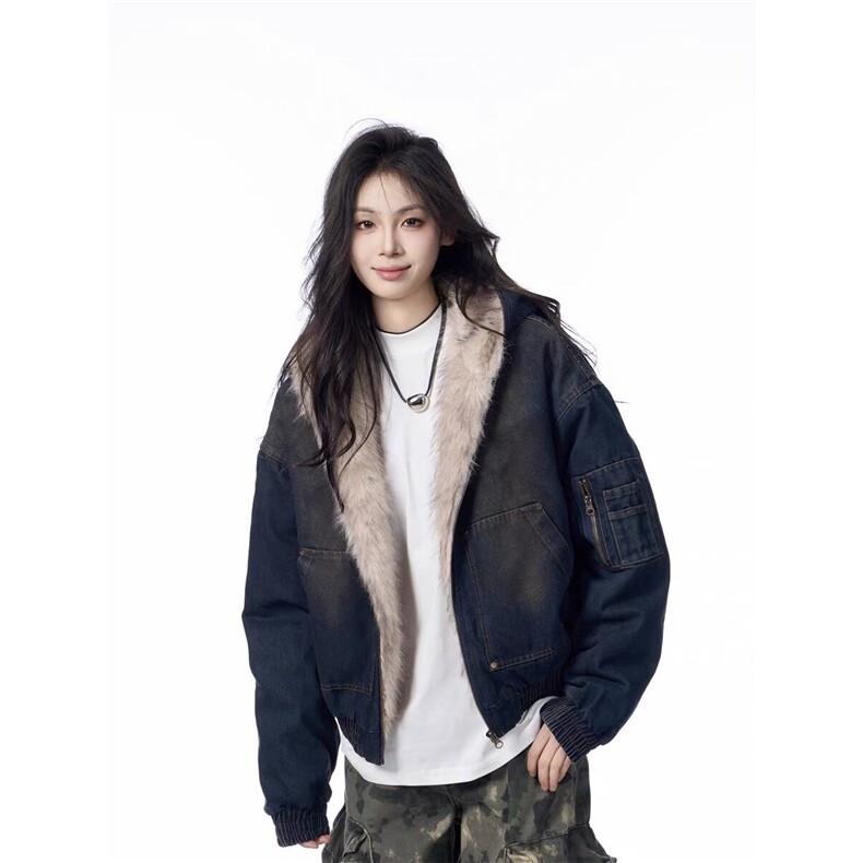 美式连帽牛仔棉服男女水洗重磅座山雕毛领复古加绒加厚夹克外套潮,男装夹克,星座715-4