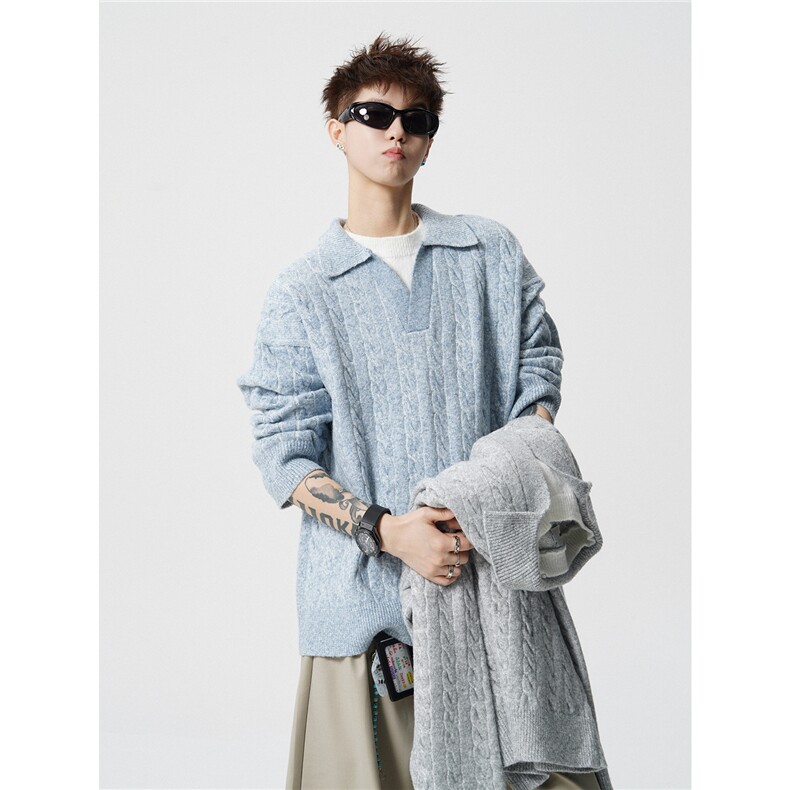 6XL-M韩版假两件翻领套头针织杉麻花长袖大码休闲毛衣MY1515P68,男装针织衫/毛衣,电商B238