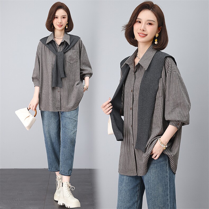 带披肩纯棉条纹小衫女夏季韩版休闲宽松年轻款妈妈薄款衬衫上衣潮，女装套装/套裙，江忆布依