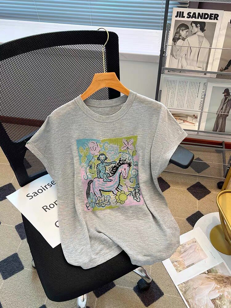 【门店198！】竹节麻针织绿色小马短袖t恤女士薄款夏季短款上衣,女装T恤,晨旭羊绒