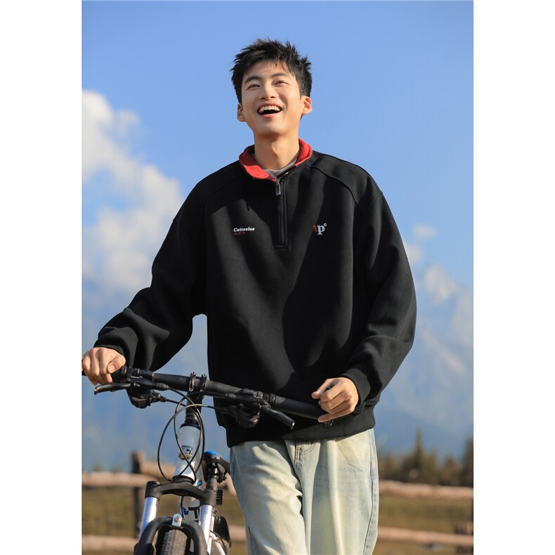 美式复古半拉链设计感立领卫衣男女宽松休闲百搭套头情侣外套,女装短外套,星座506A